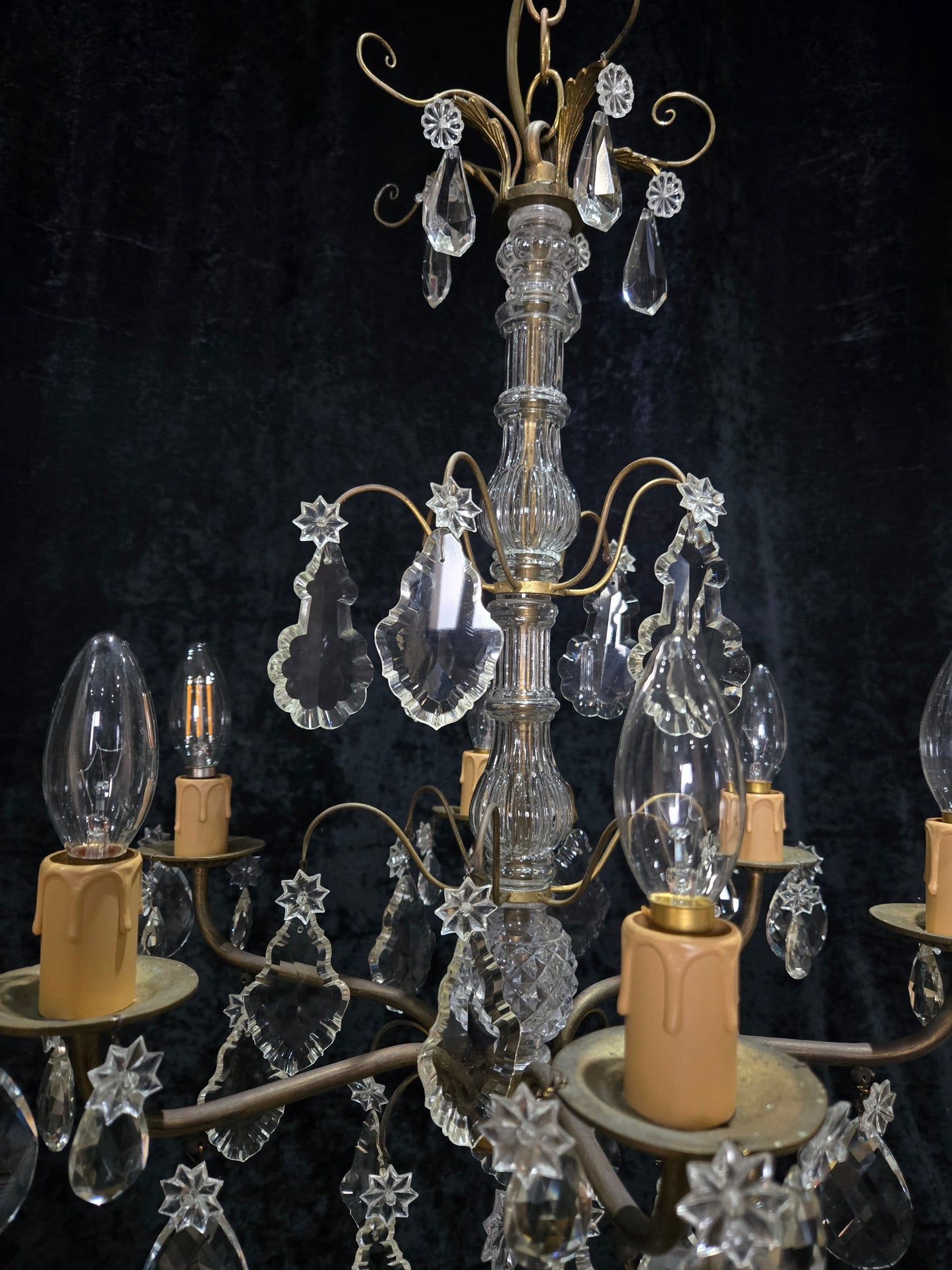 Beautiful Antique French 6 Arm Brass 3 Tier Crystal Chandelier Ceiling Light