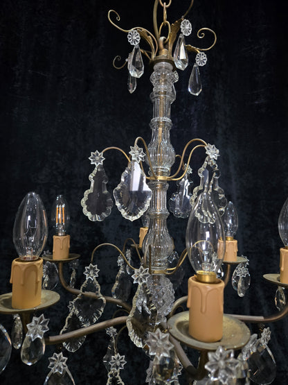Beautiful Antique French 6 Arm Brass 3 Tier Crystal Chandelier Ceiling Light