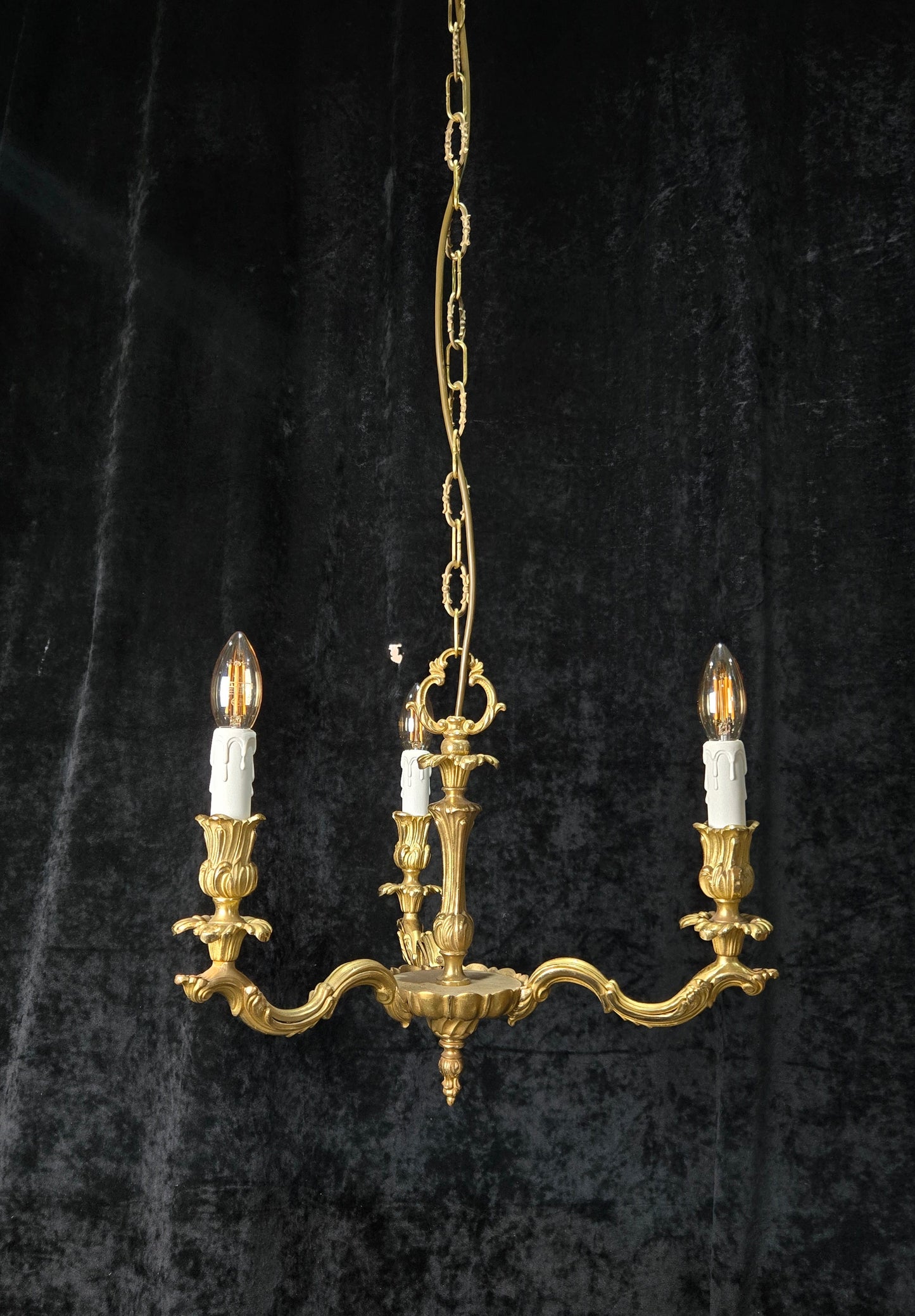 Traditional Antique French Solid Brass 3 Arm Rococo Style Chandelier Light