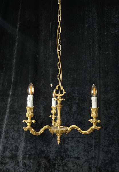 Traditional Antique French Solid Brass 3 Arm Rococo Style Chandelier Light