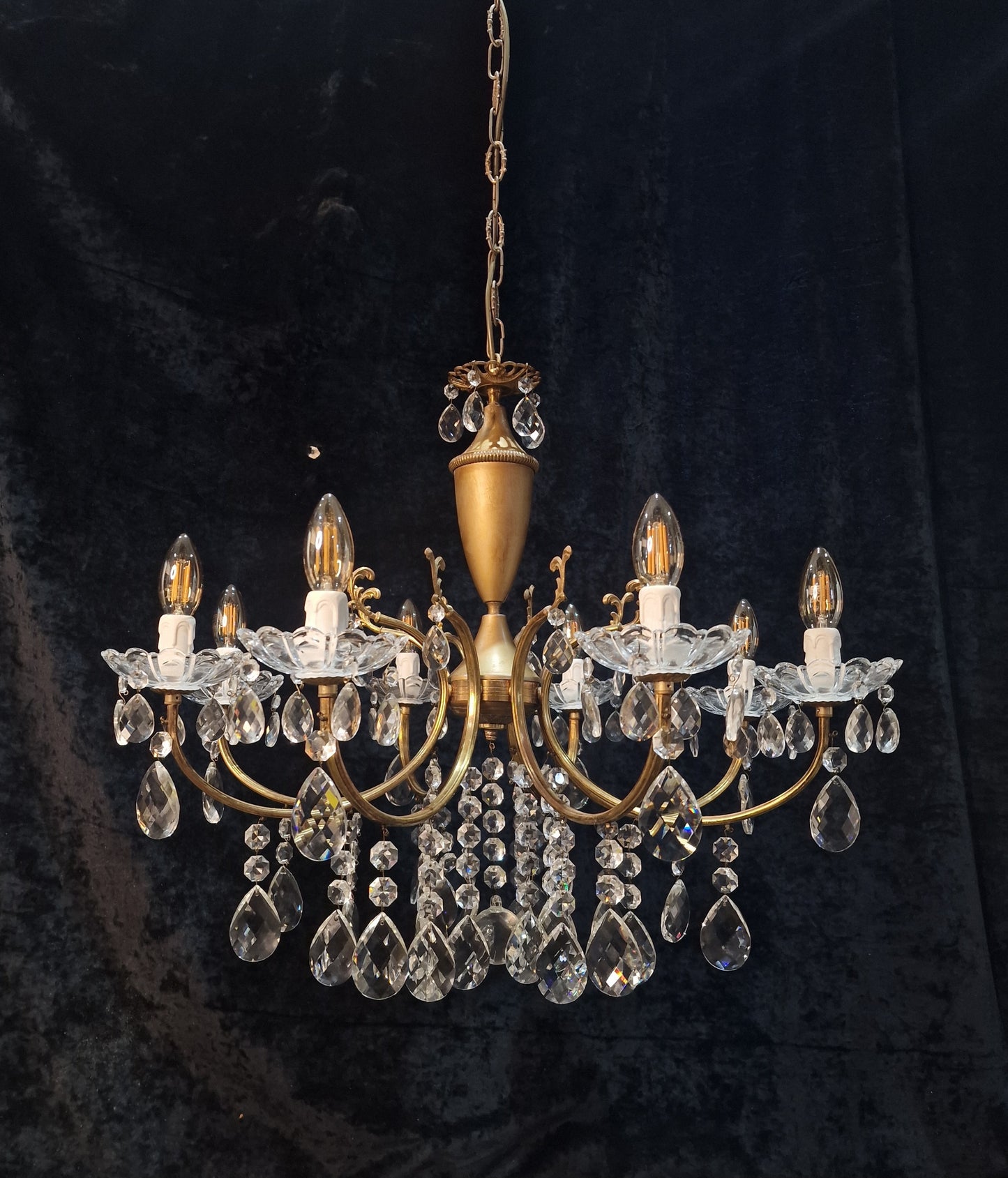 Fabulous Vintage Italian 8 Arm Brass and Crystal Leaf Chandelier Ceiling Light