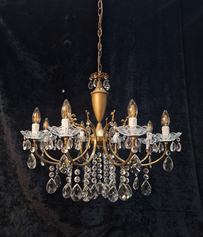 Fabulous Vintage Italian 8 Arm Brass and Crystal Leaf Chandelier Ceiling Light