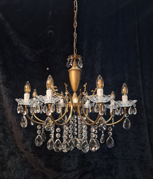 Fabulous Vintage Italian 8 Arm Brass and Crystal Leaf Chandelier Ceiling Light