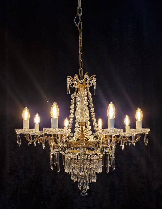 Stunning Vintage French 8 Arm 12 Light Brass Crystal Waterfall Chandelier Light