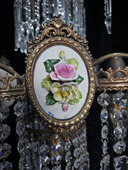 Beautiful Vintage Italian Capodimonte Flower Brass Crystal 4 Light Chandelier