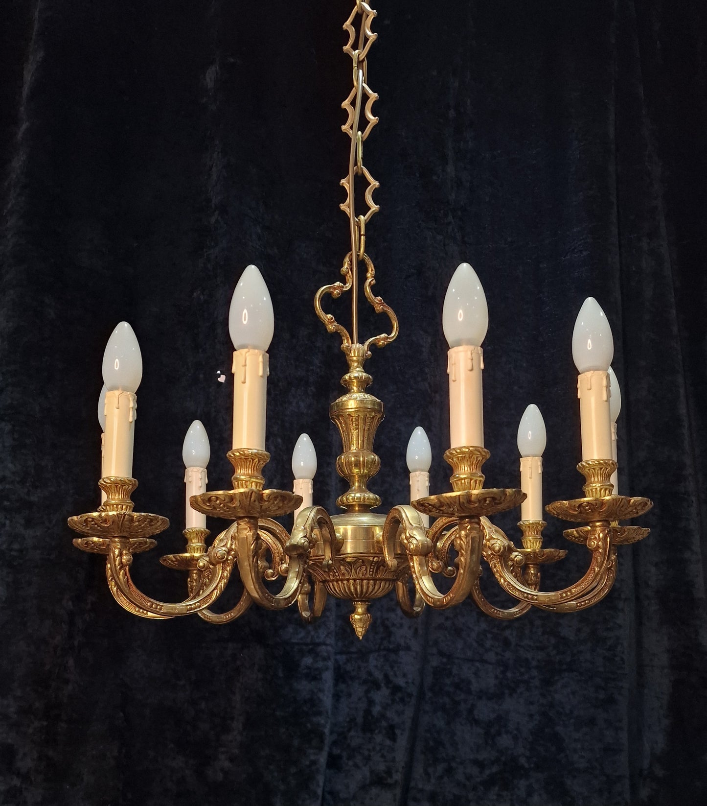 Stately Heavy Vintage French Empire Style 10 Arm Brass Chandelier Ceiling Light