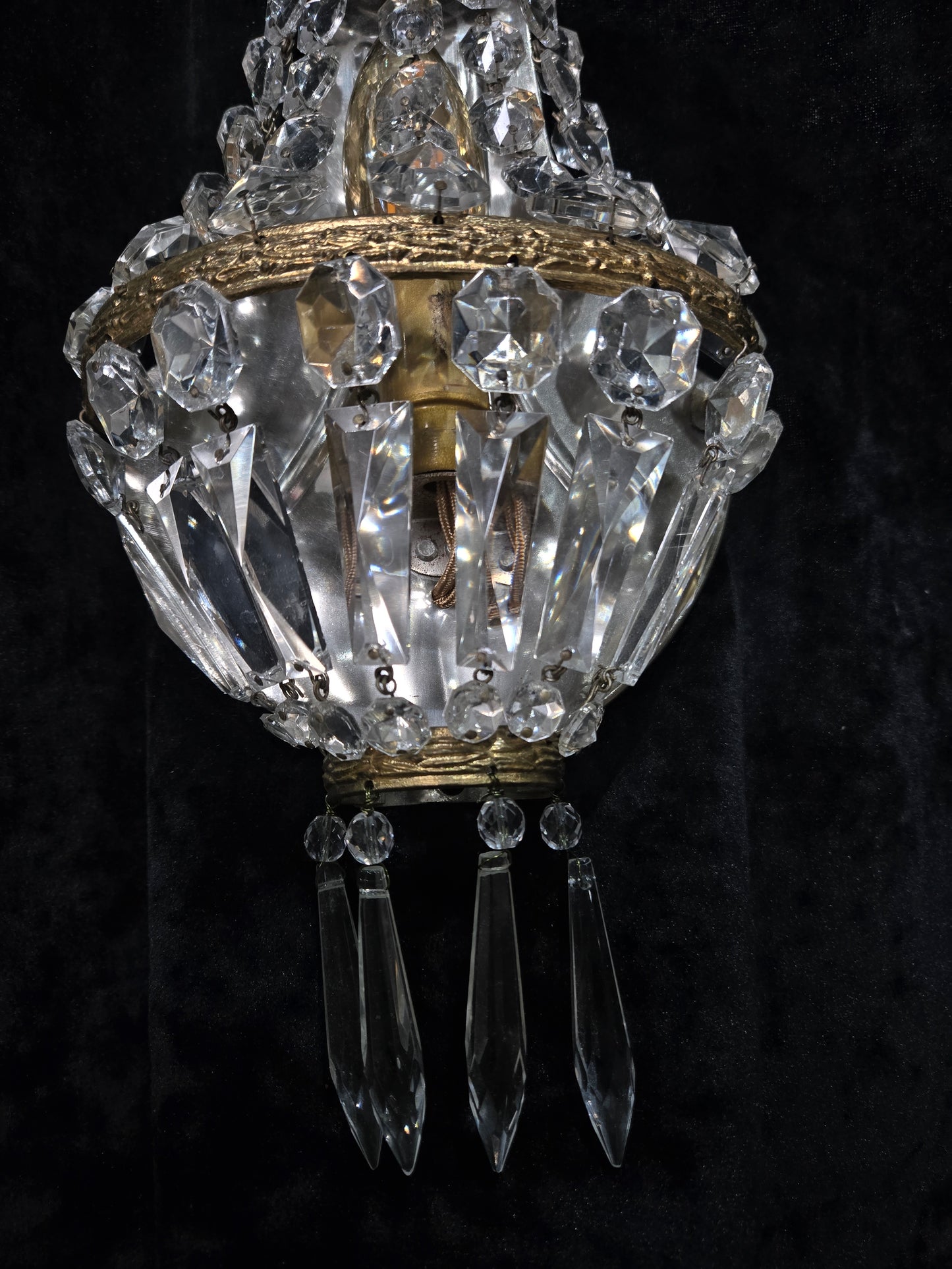 Stunning Pair Vintage French Brass Crystal Montgolfiere Sconces Wall Lights