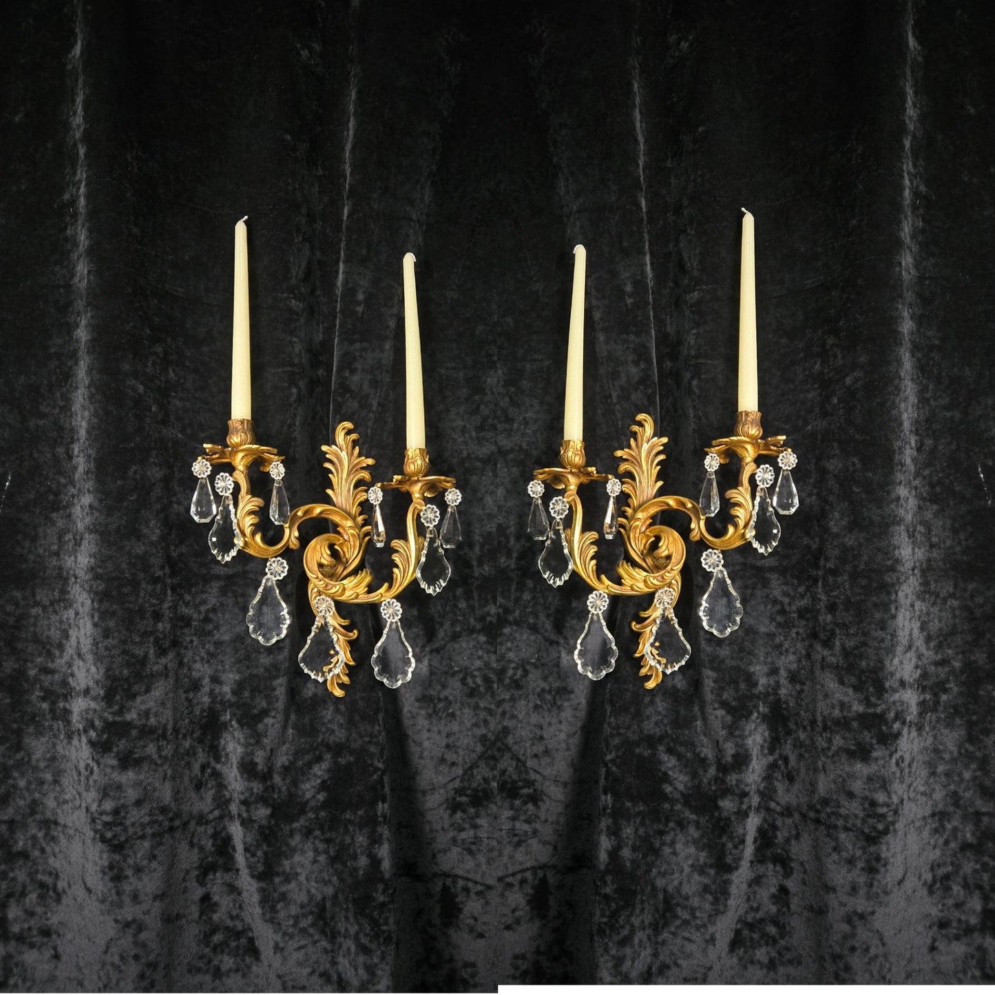 Fabulous Pair Antique French Heavy Gilt Bronze 2 Arm Crystal Candle Wall Lights