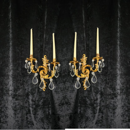 Fabulous Pair Antique French Heavy Gilt Bronze 2 Arm Crystal Candle Wall Lights