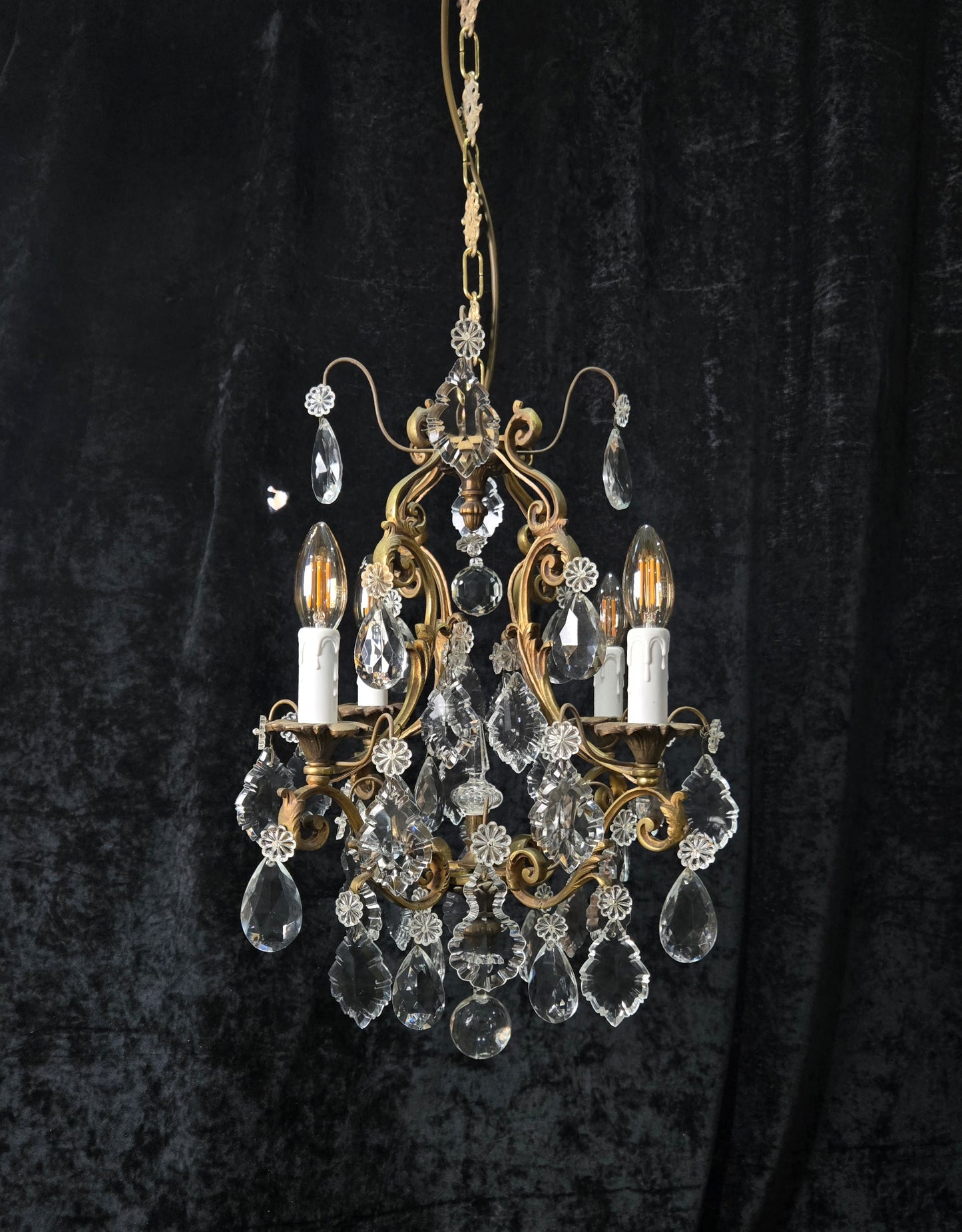 Gorgeous Heavy Antique French 4 Arm Caged Bronze Crystal Chandelier Light