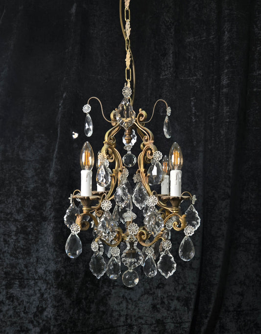Gorgeous Heavy Antique French 4 Arm Caged Bronze Crystal Chandelier Light
