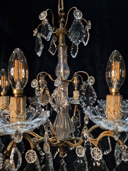 Gorgeous Antique French 6 Arm 2 Tier Brass and Crystal Chandelier Ceiling Light