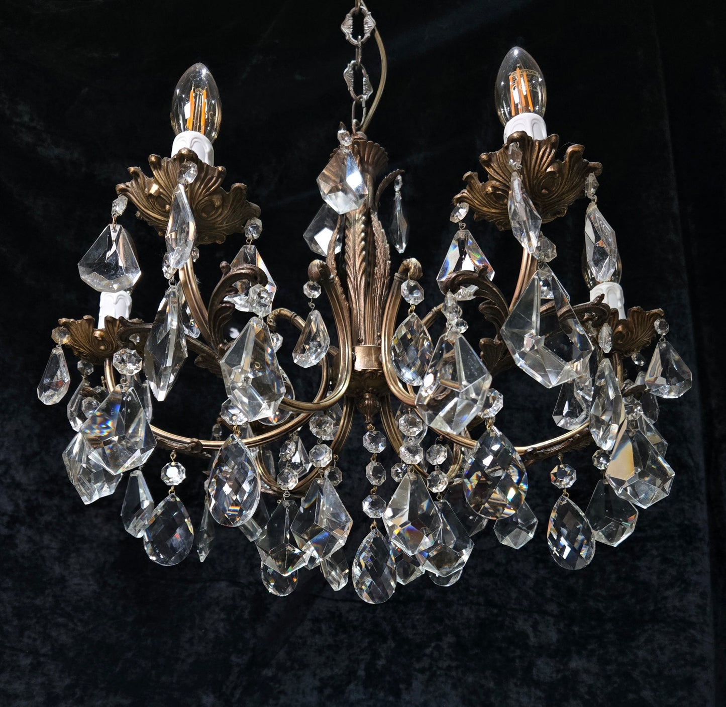Fabulous Heavy Vintage Italian 6 Arm Leaf Crystal Chandelier Ceiling Light
