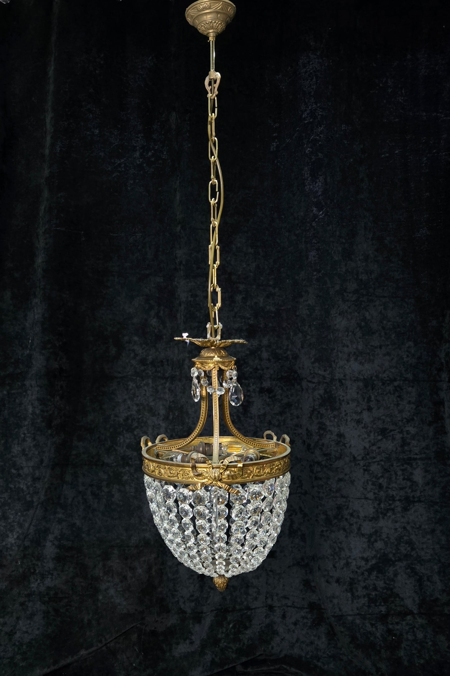 Traditional Antique French 3 Light Brass Bronze Crystal Empire Chandelier