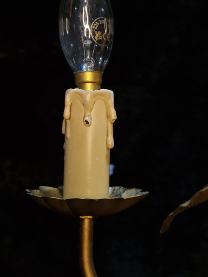 Pretty Vintage French 5 Arm Foliage Toleware Gilded Chandelier Light