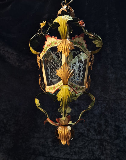 Florentine Vintage Italian Hand Painted Toleware Iron Lantern Ceiling Light
