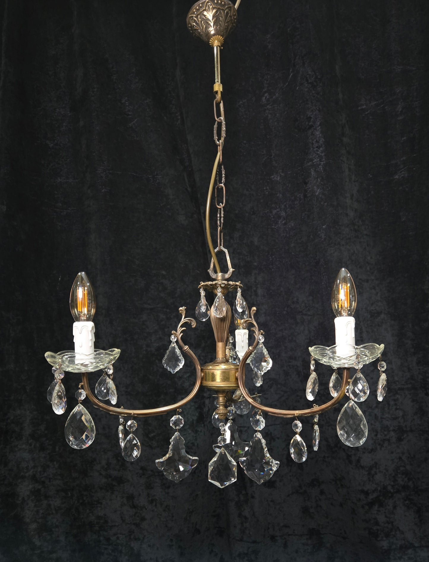 Lovely Vintage Italian 3 Arm Brass Foliage Crystal Chandelier Ceiling Light