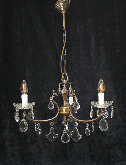 Lovely Vintage Italian 3 Arm Brass Foliage Crystal Chandelier Ceiling Light
