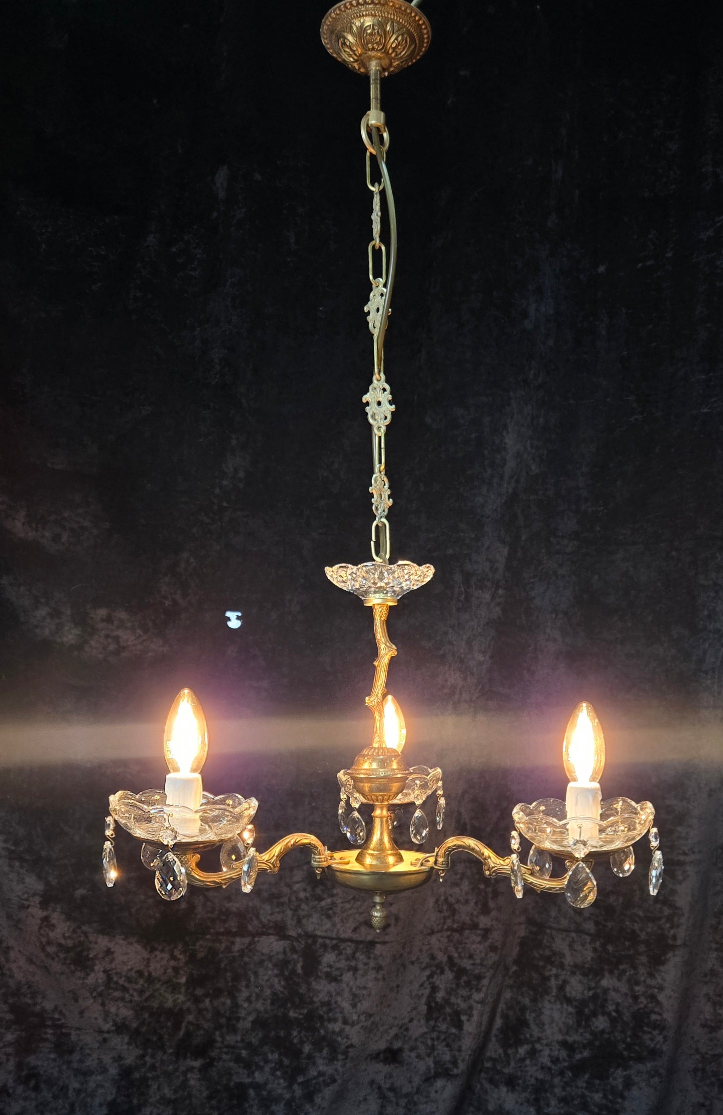Lovely Vintage French 3 Arm Brass Foliage Crystal Chandelier Ceiling Light