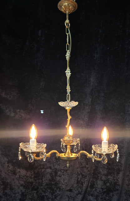 Lovely Vintage French 3 Arm Brass Foliage Crystal Chandelier Ceiling Light