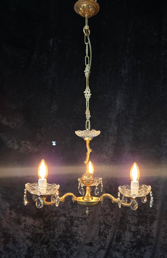 Lovely Vintage French 3 Arm Brass Foliage Crystal Chandelier Ceiling Light