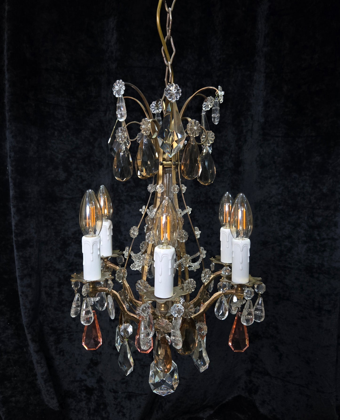 Beautiful Antique Italian 6 Arm Brass Crystal Cage Chandelier Ceiling Light