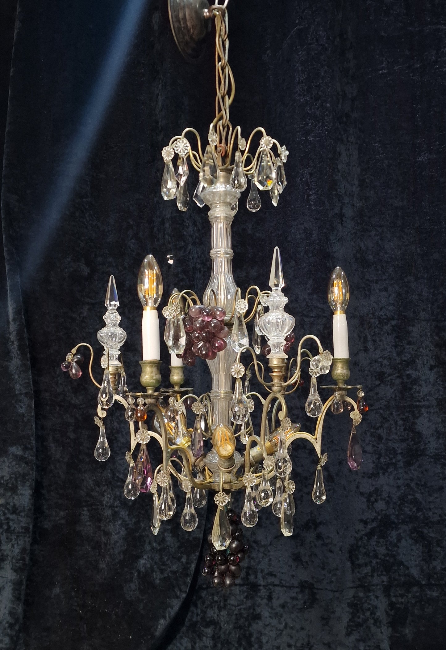Exceptional Antique French 6 Light Murano Grape Crystal Solid Brass Chandelier