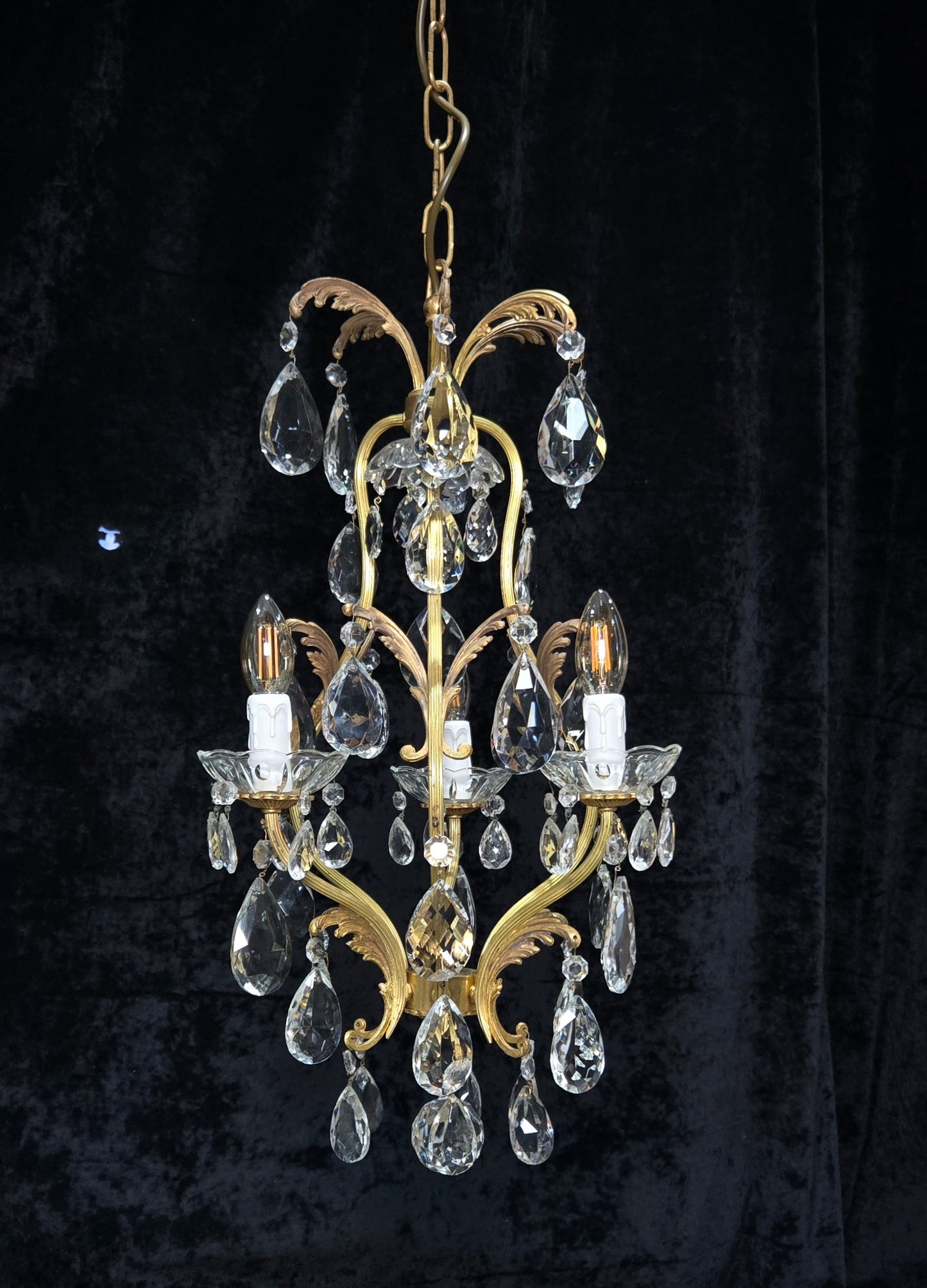 Beautiful Vintage Italian 3 Arm Brass Crystal Cage Leaf Chandelier Ceiling Light