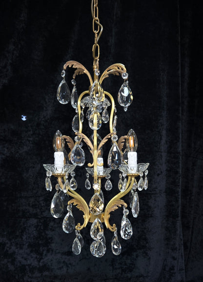 Beautiful Vintage Italian 3 Arm Brass Crystal Cage Leaf Chandelier Ceiling Light