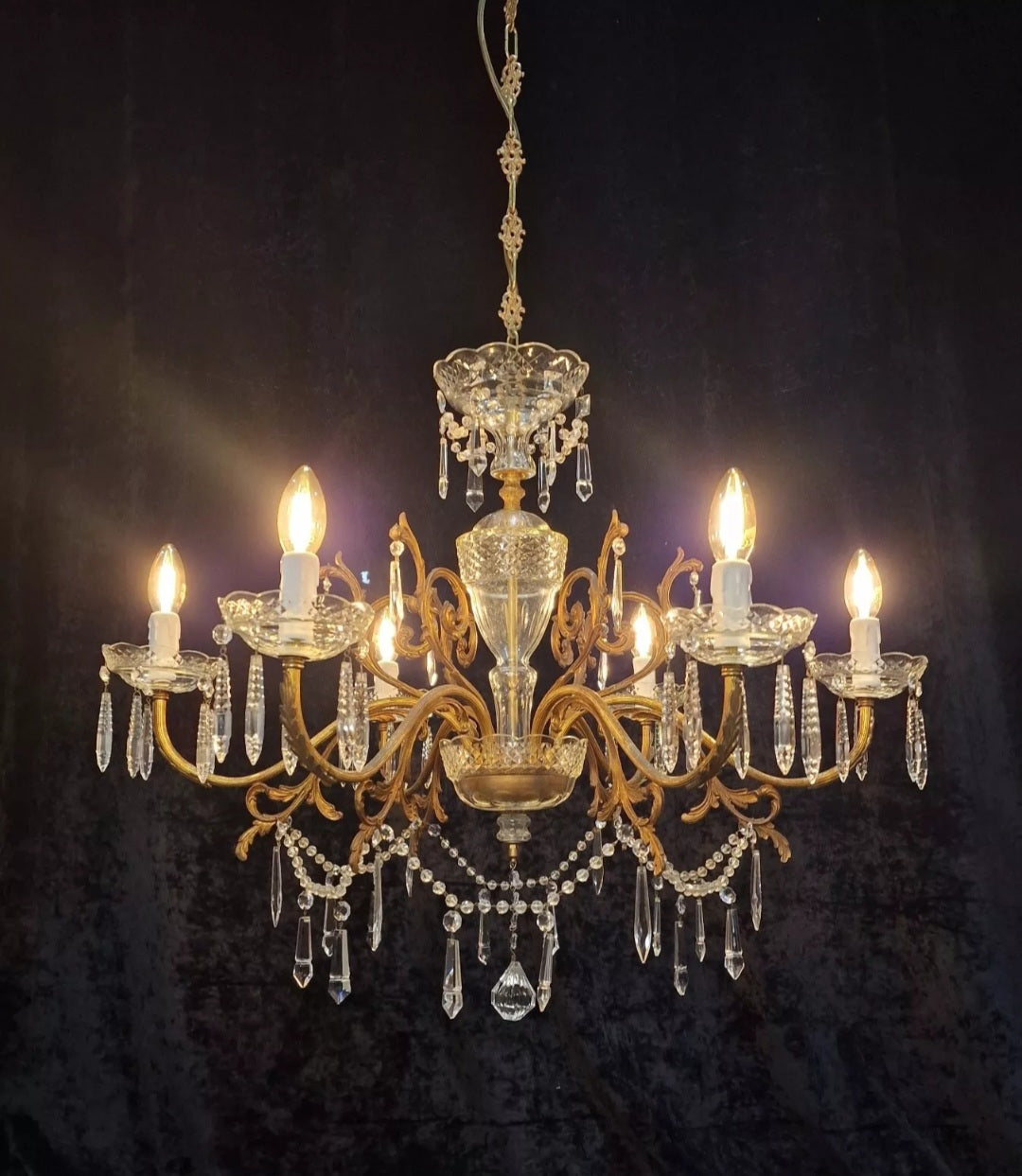 Stunning Large Vintage Italian 6 Arm Brass Crystal and Glass Chandelier Light