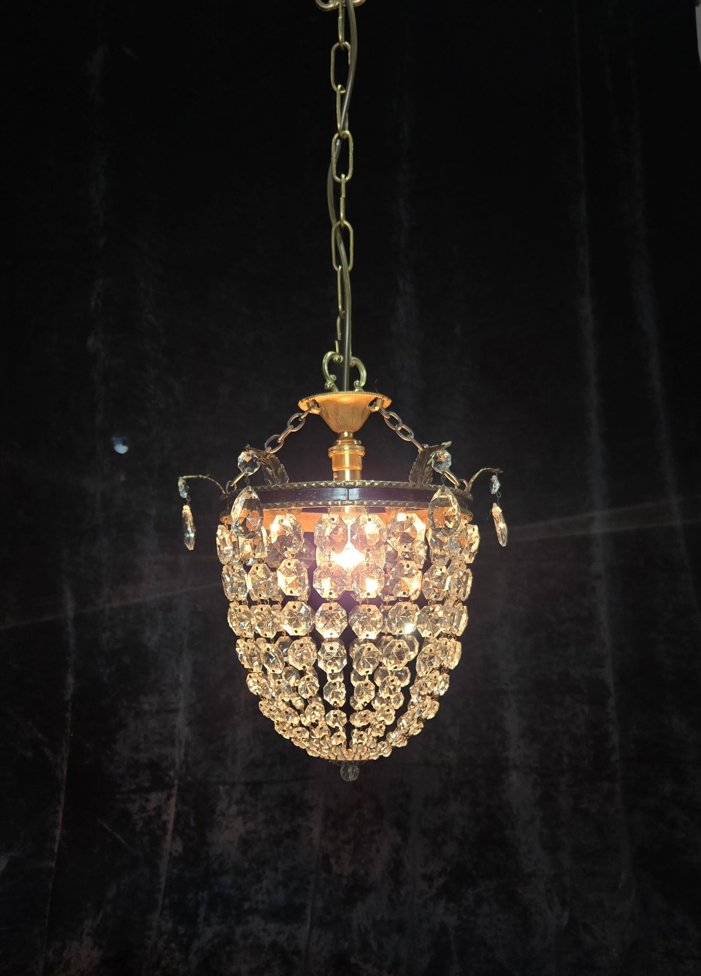 Stunning Antique French Empire Style Brass Crystal Leaf Chandelier Ceiling Light