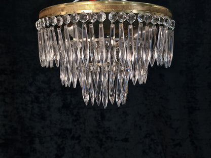 Beautiful Vintage French 3 Tier 3 Light Brass Crystal Waterfall Flush Mount