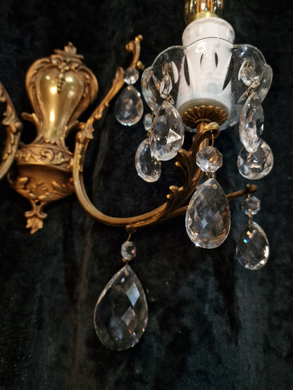 Lovely Pair of Vintage French Leaf Brass Crystal 2 Arm Wall Lights Sconces