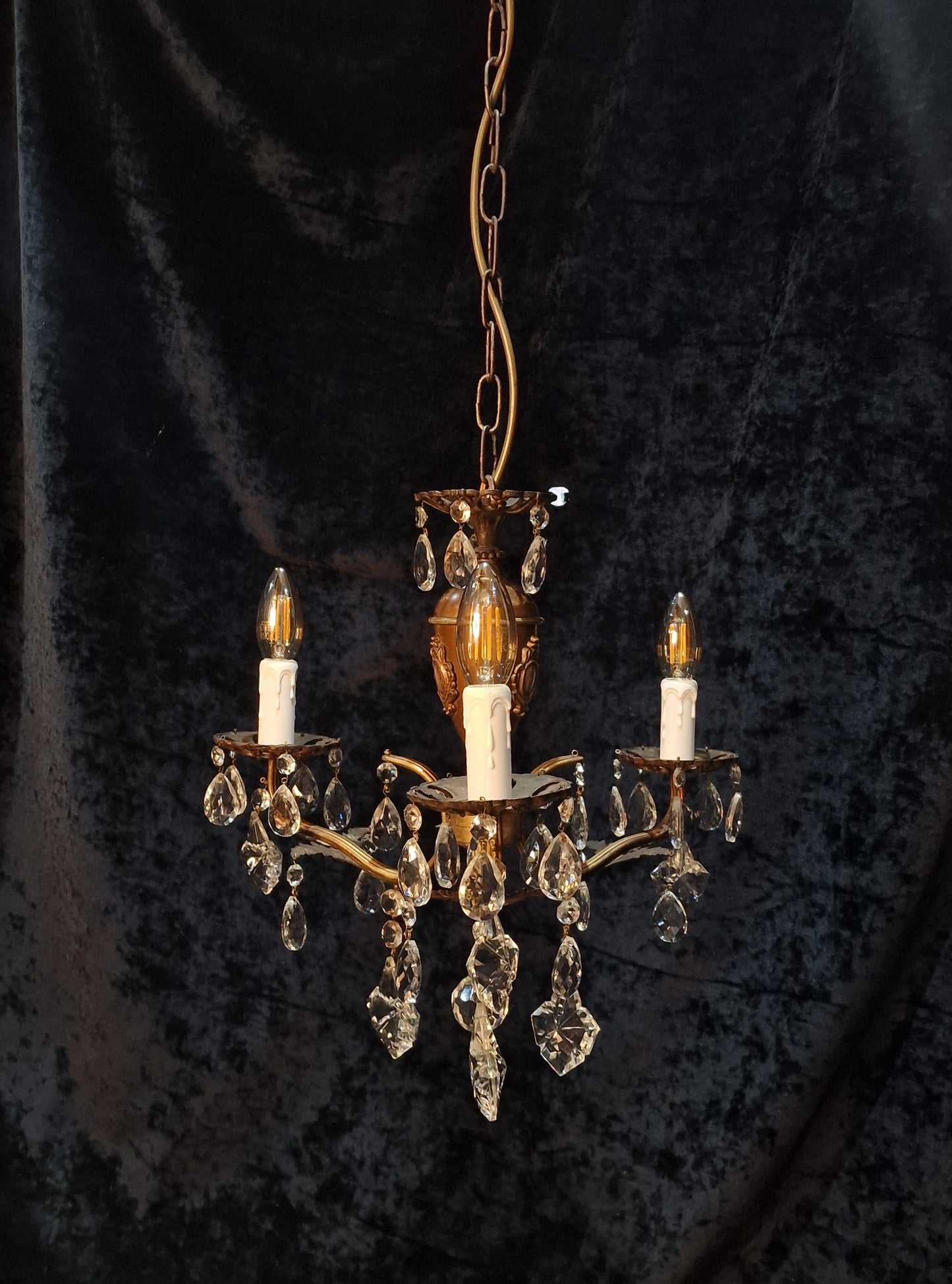 Lovely Vintage Italian 3 Arm Brass Crystal Leaf Chandelier Ceiling Light