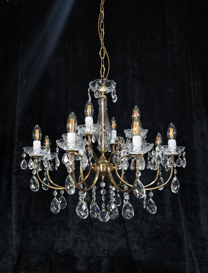 Classical Vintage Italian 8 Arm 12 Light Brass Crystal Chandelier Ceiling Light