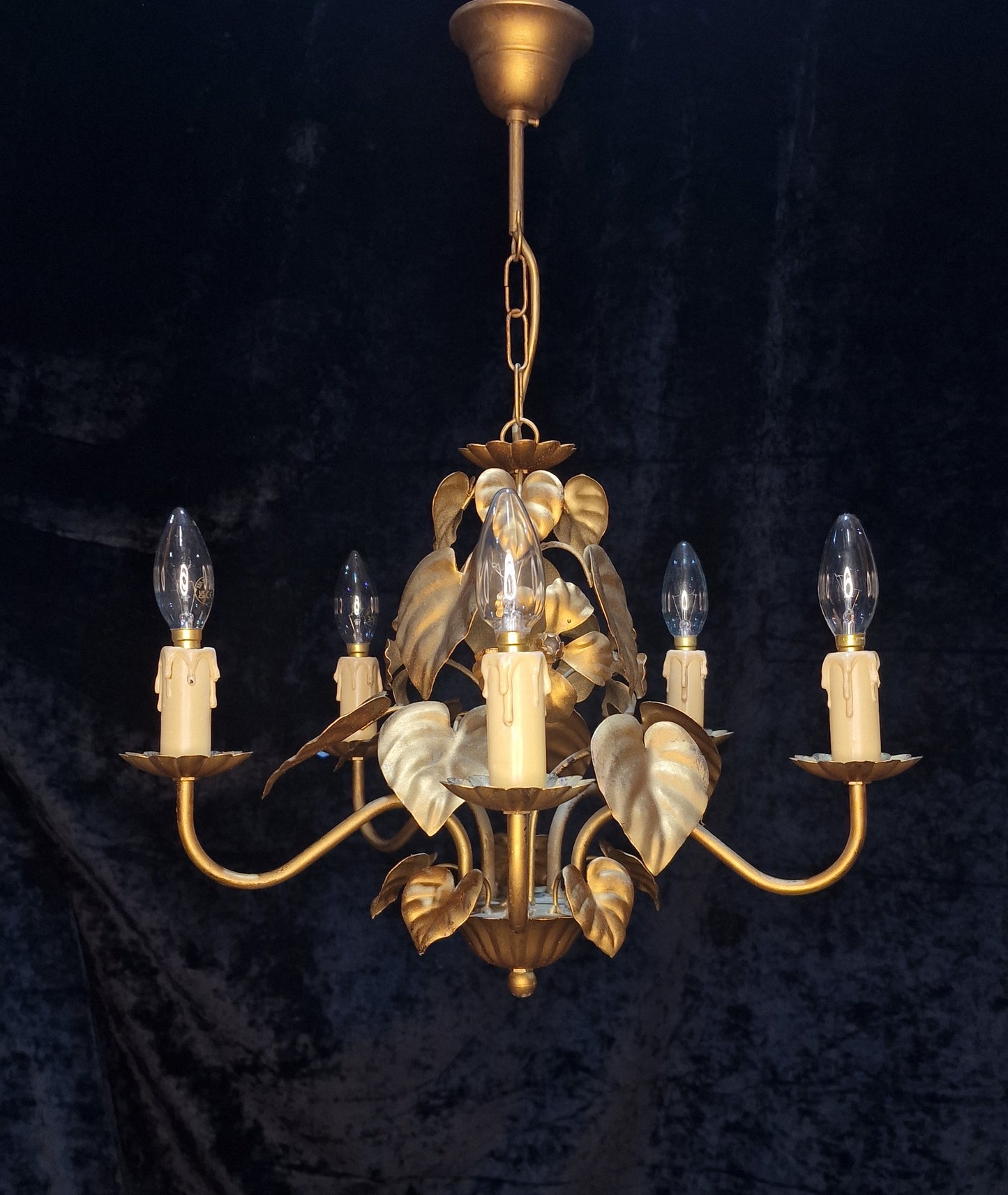 Pretty Vintage French 5 Arm Foliage Toleware Gilded Chandelier Light