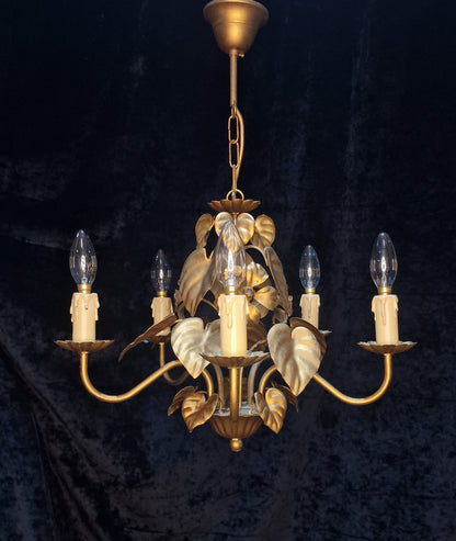 Pretty Vintage French 5 Arm Foliage Toleware Gilded Chandelier Light