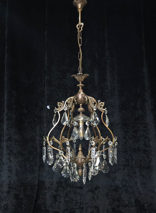 Elegant Vintage Italian 1 Light Cage Crystal Brass Chandelier Ceiling Light