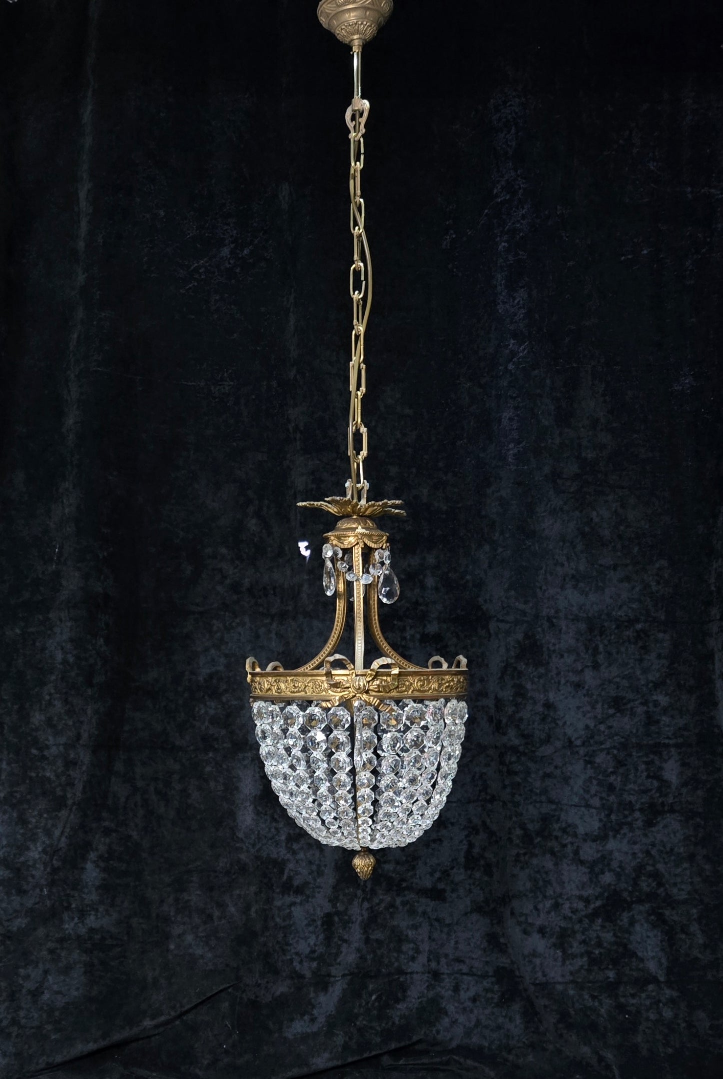 Traditional Antique French 3 Light Brass Bronze Crystal Empire Chandelier