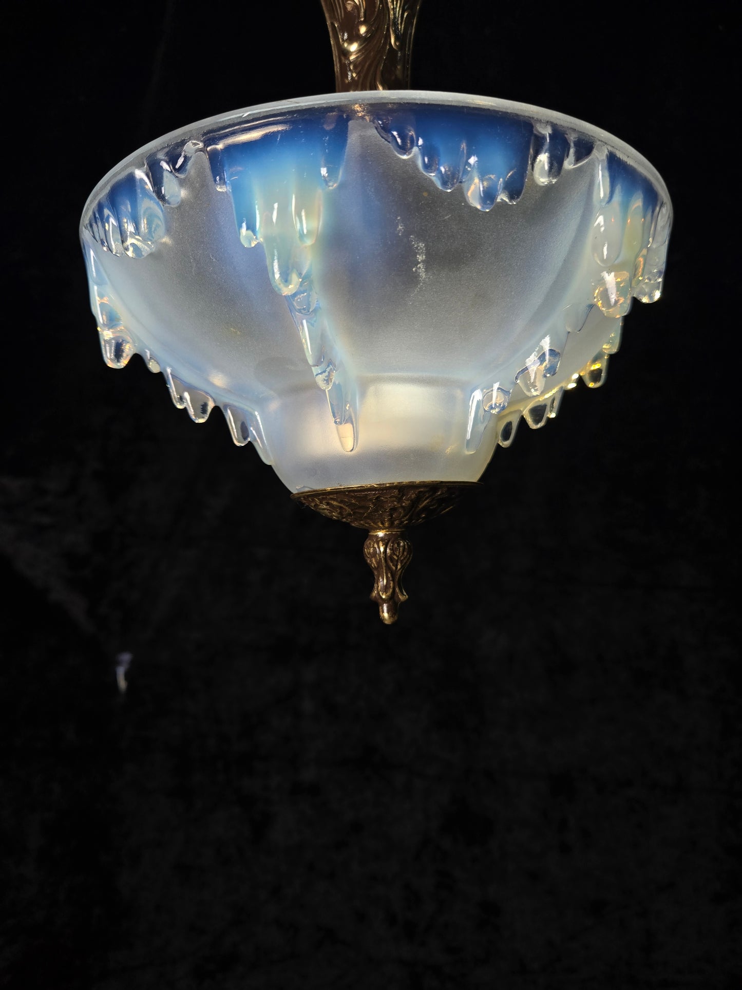Unique Vintage 3 Light Brass EZAN Vaseline Glass Flush Ceiling Pendant Lantern