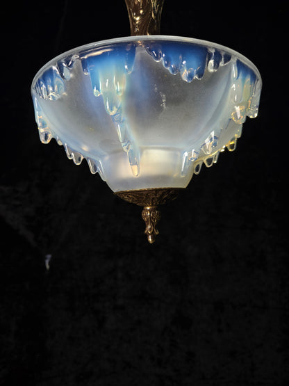 Unique Vintage 3 Light Brass EZAN Vaseline Glass Flush Ceiling Pendant Lantern