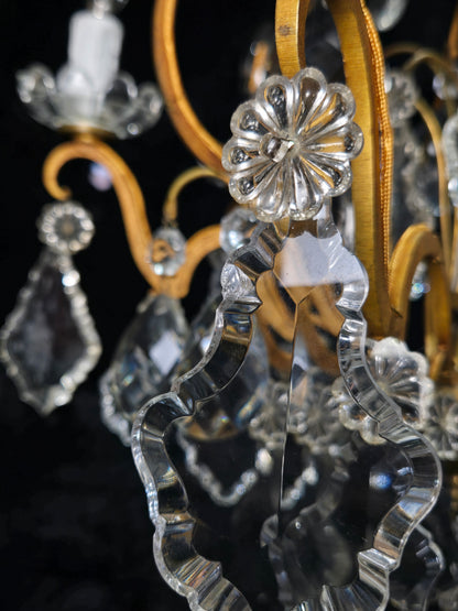 Gorgeous Antique French 6 Arm 7 Light Brass Bronze Cage Crystal Chandelier Light