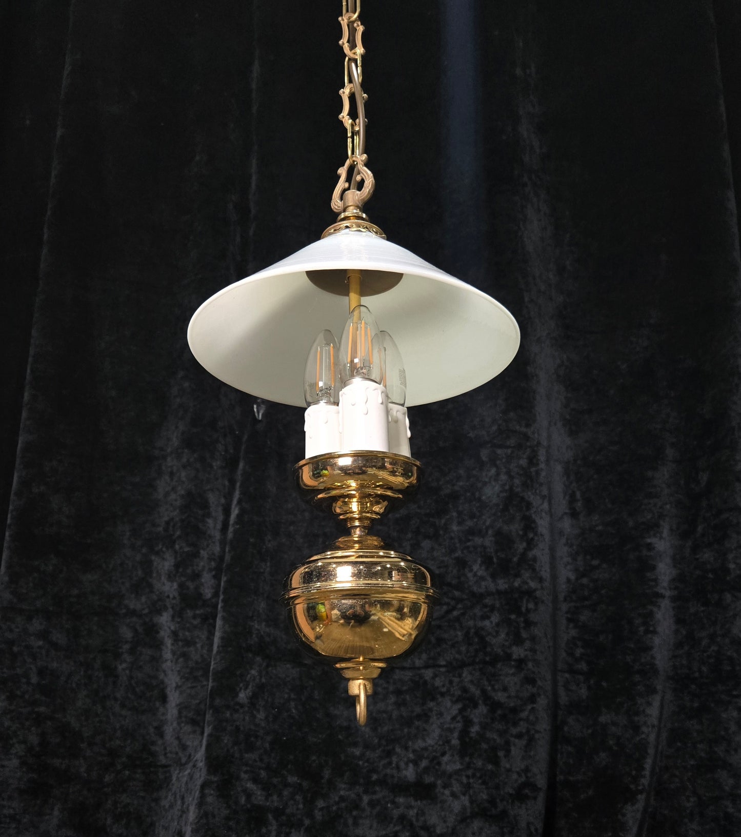 Unique Vintage Milk Glass Brass Bouillotte Oil Lamp Style 3 Light Chandelier