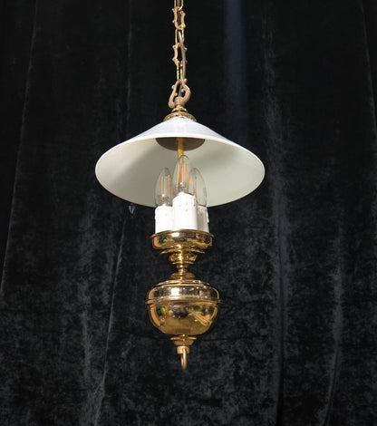 Unique Vintage Milk Glass Brass Bouillotte Oil Lamp Style 3 Light Chandelier