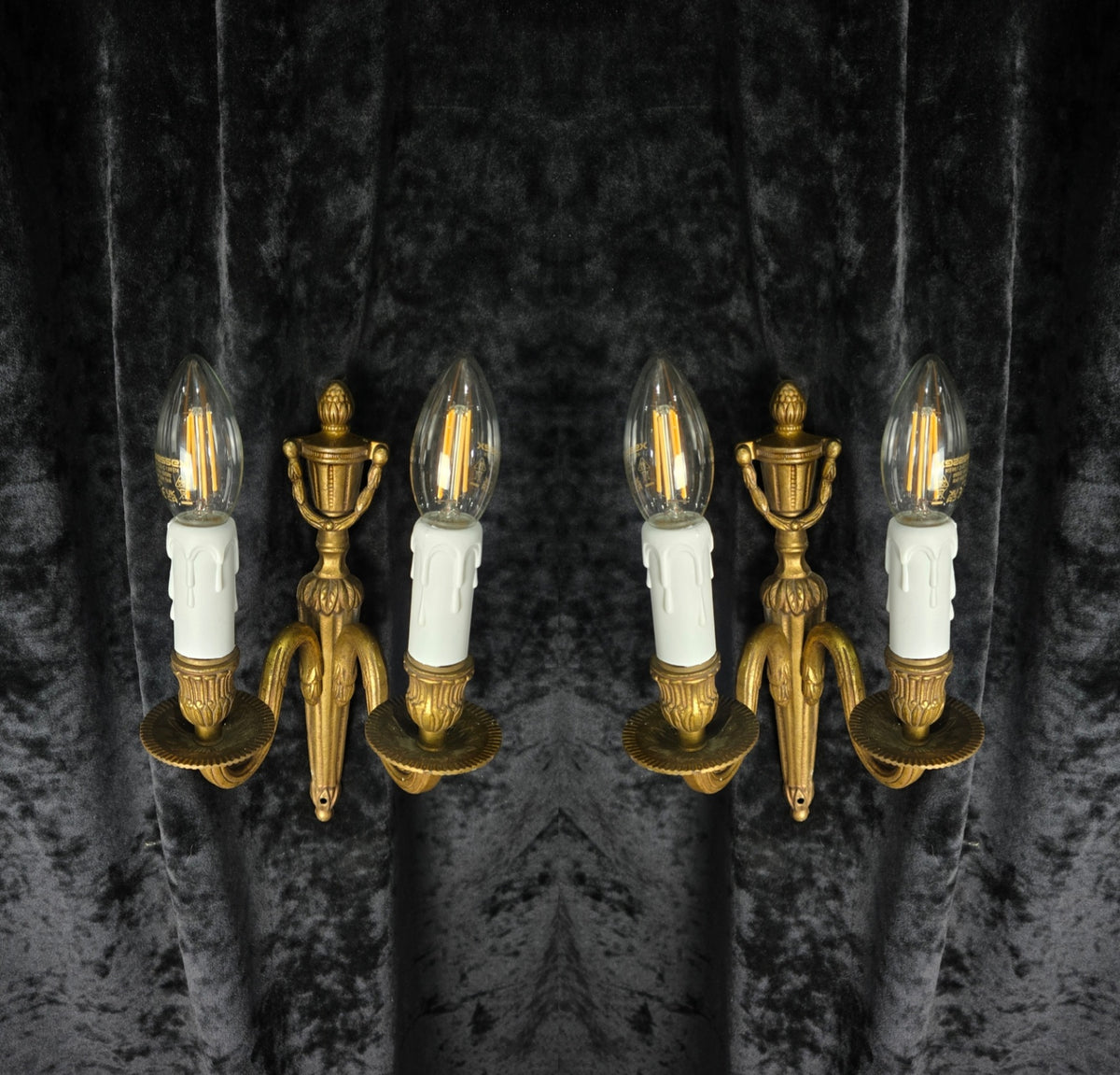 Traditional Pair Vintage French Empire Style 2 Arm Brass Electric Sconces Lights