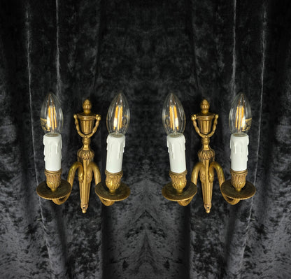 Traditional Pair Vintage French Empire Style 2 Arm Brass Electric Sconces Lights