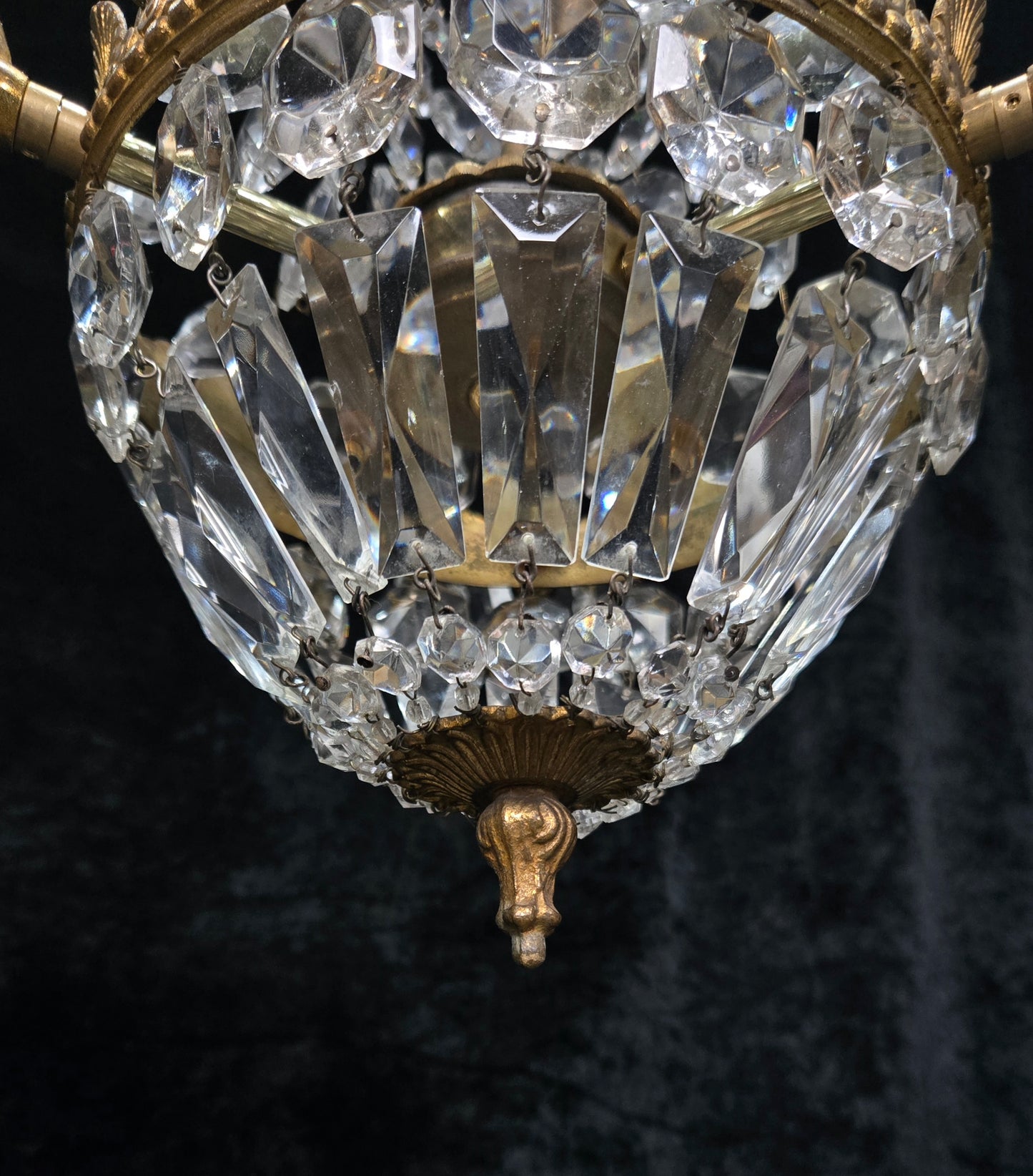 Traditional Vintage French 3 Arm Brass and Crystal Montgolfiere Bag Chandelier