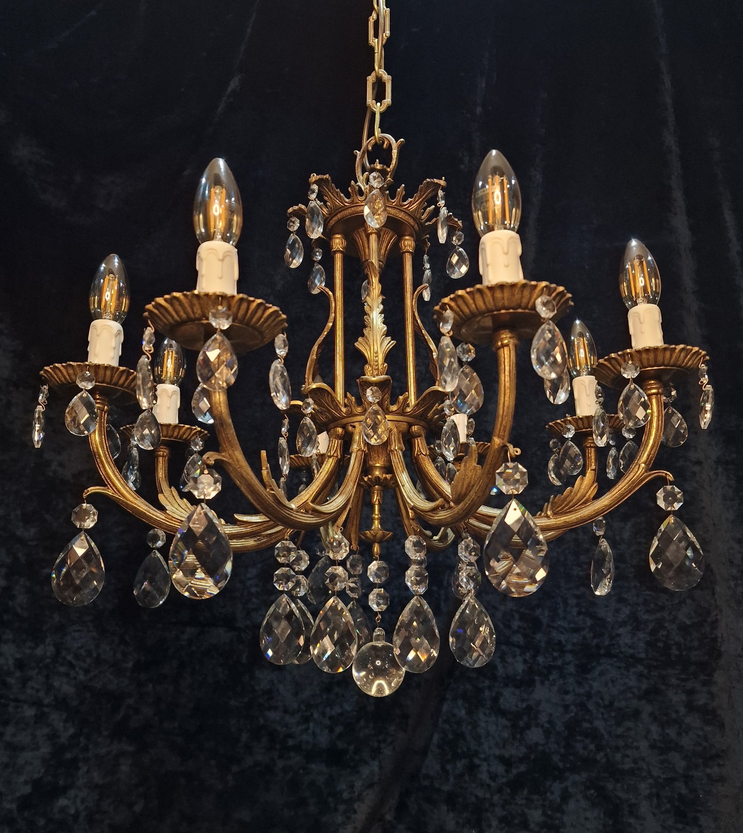 Stunning Heavy Large Antique Vintage French Brass Crystal 8 Arm Chandelier Light