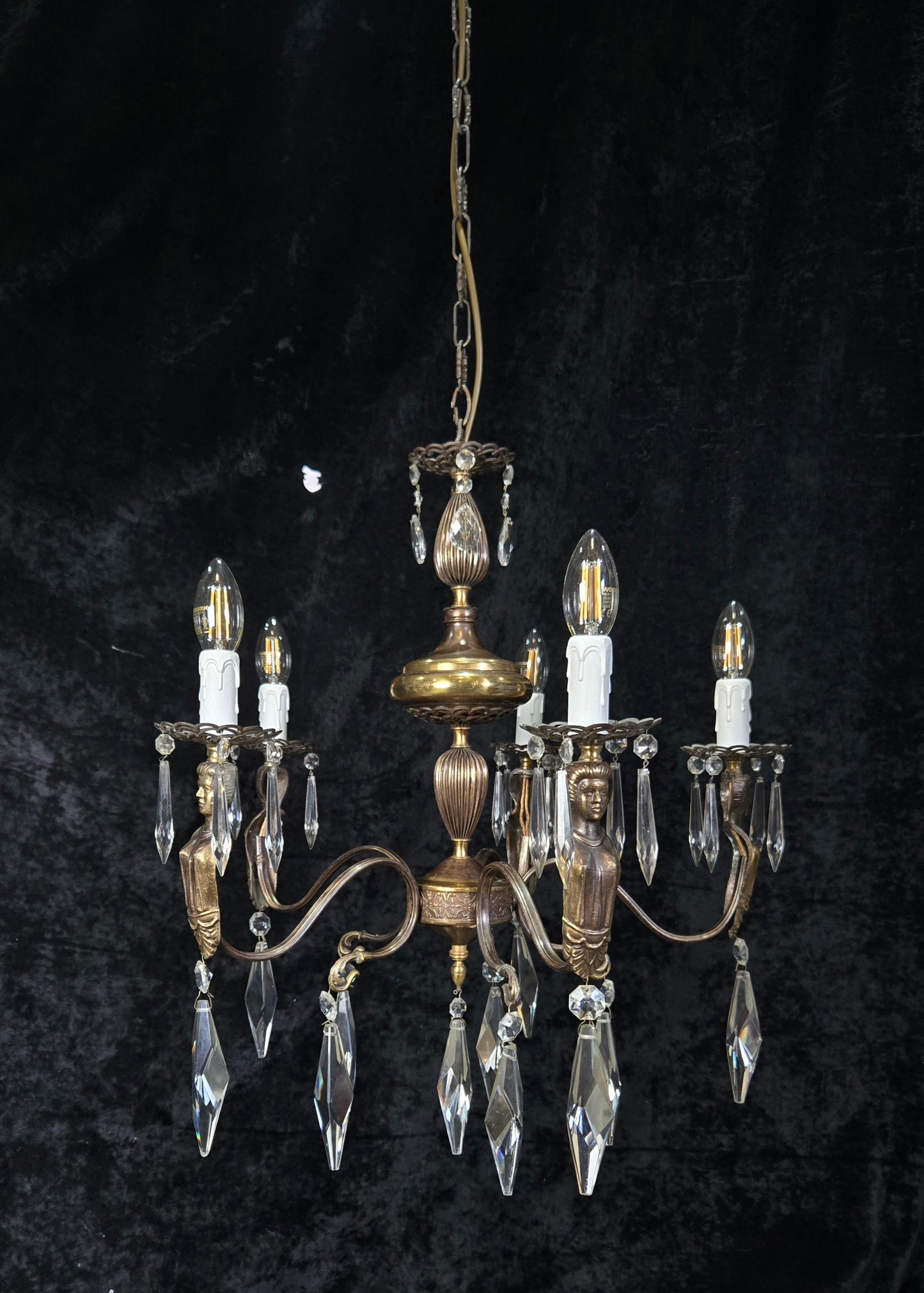 Classical Vintage Italian 5 Arm Crystal Brass Lady Figures Chandelier Light