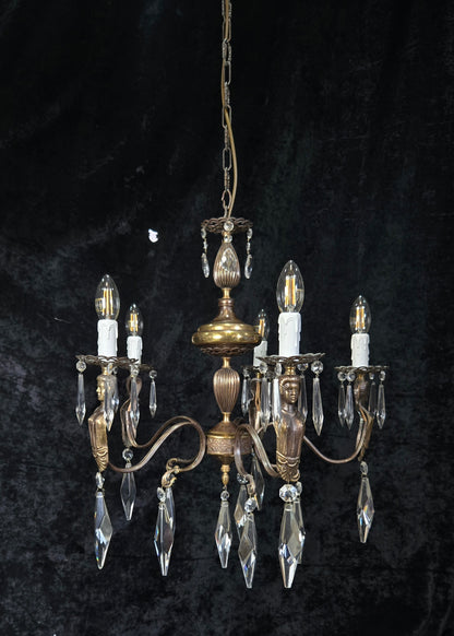Classical Vintage Italian 5 Arm Crystal Brass Lady Figures Chandelier Light